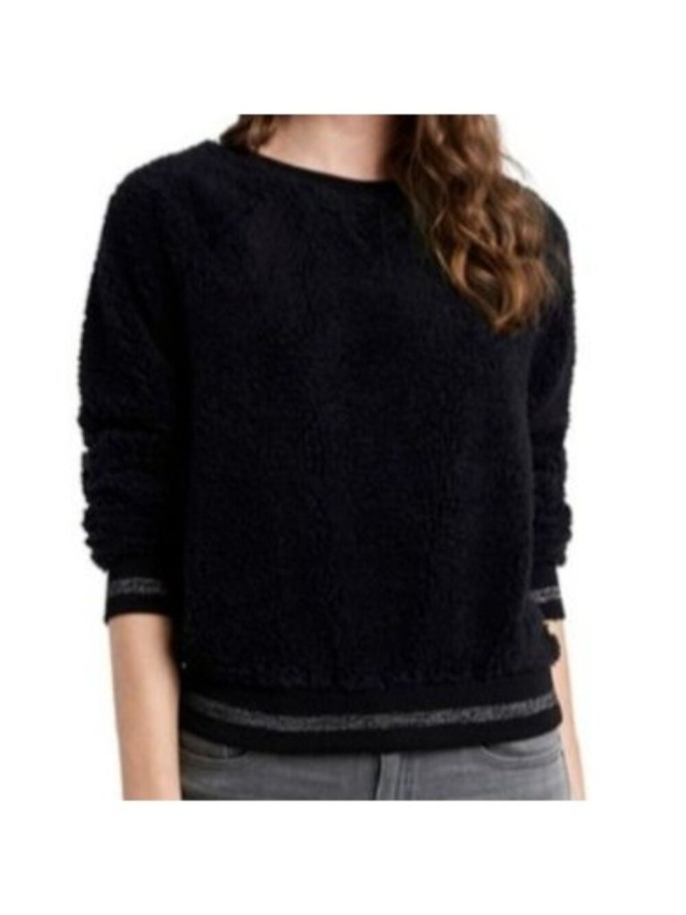 1.State Plush Top Crewneck Women Size M Black Silver Metallic Trim Long Slv NEW